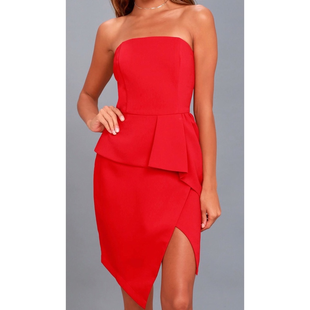 RED STRAPLESS PEPLUM DRESS